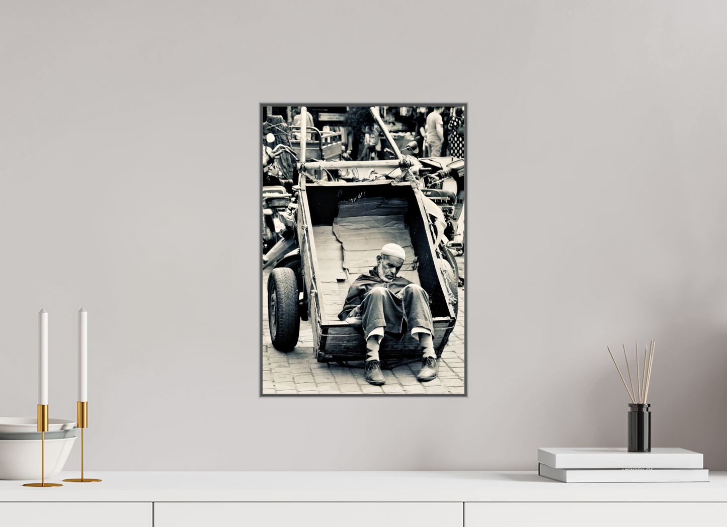 30 x 42,8 cm, Art Box 50 mm - Aluminium Rahmen - Foto-Abzug hinter Acrylglas - printed and designed by Whitewall Time for a Break - Souks of Marrakech-Morocco; by J. Schleenbecker; Copyright 2025. Fine Art Photo Print under  Acrylic glass;