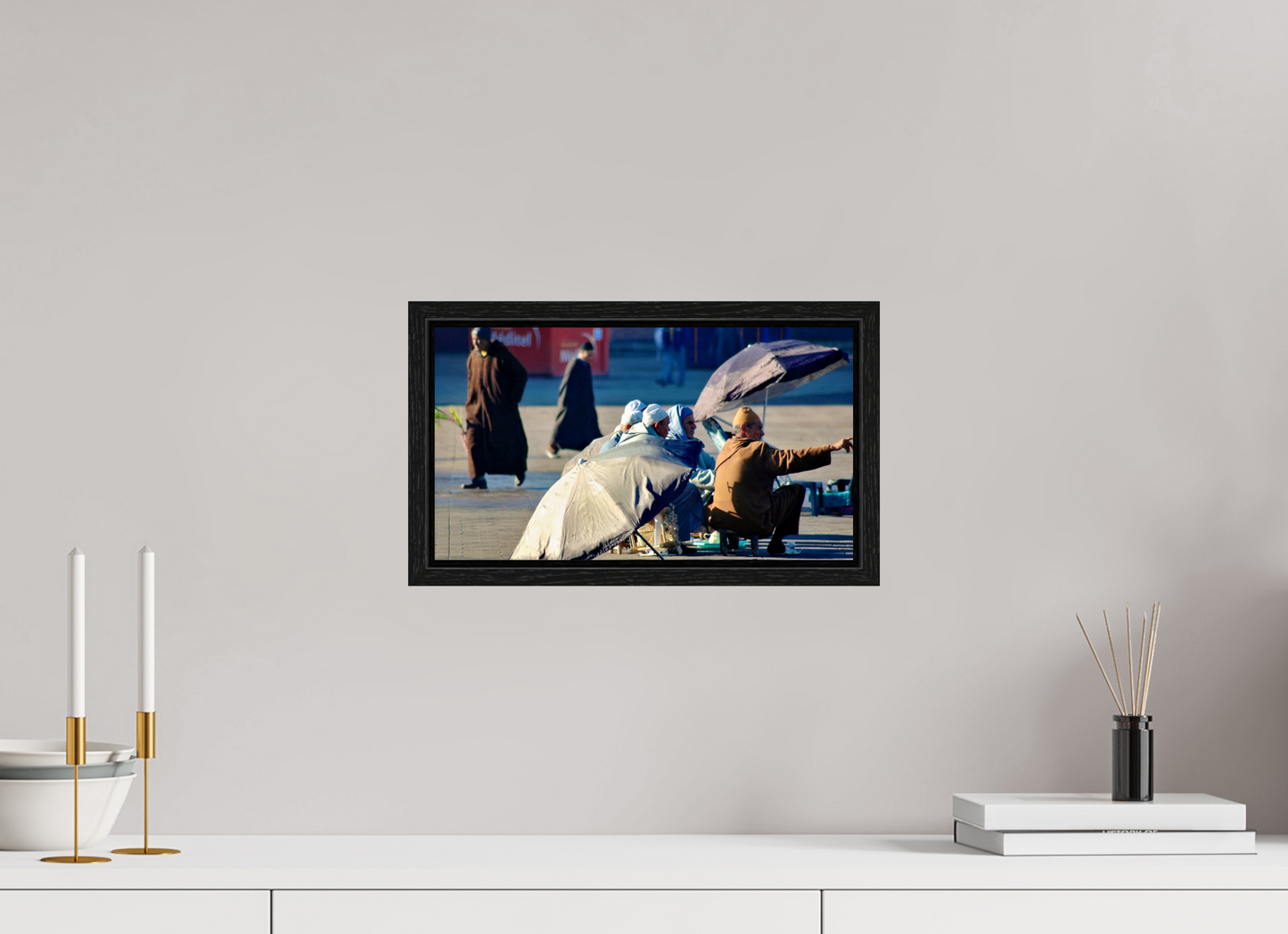 36 x 20 cm, Foto Print on Acrylic glass; Oak Wood Frame Basel 15 mm Group of Berber men on Djeema El Fna Square, Marrakech-Medina, Photo taken by J.Schleenbecker, Copyright 2025