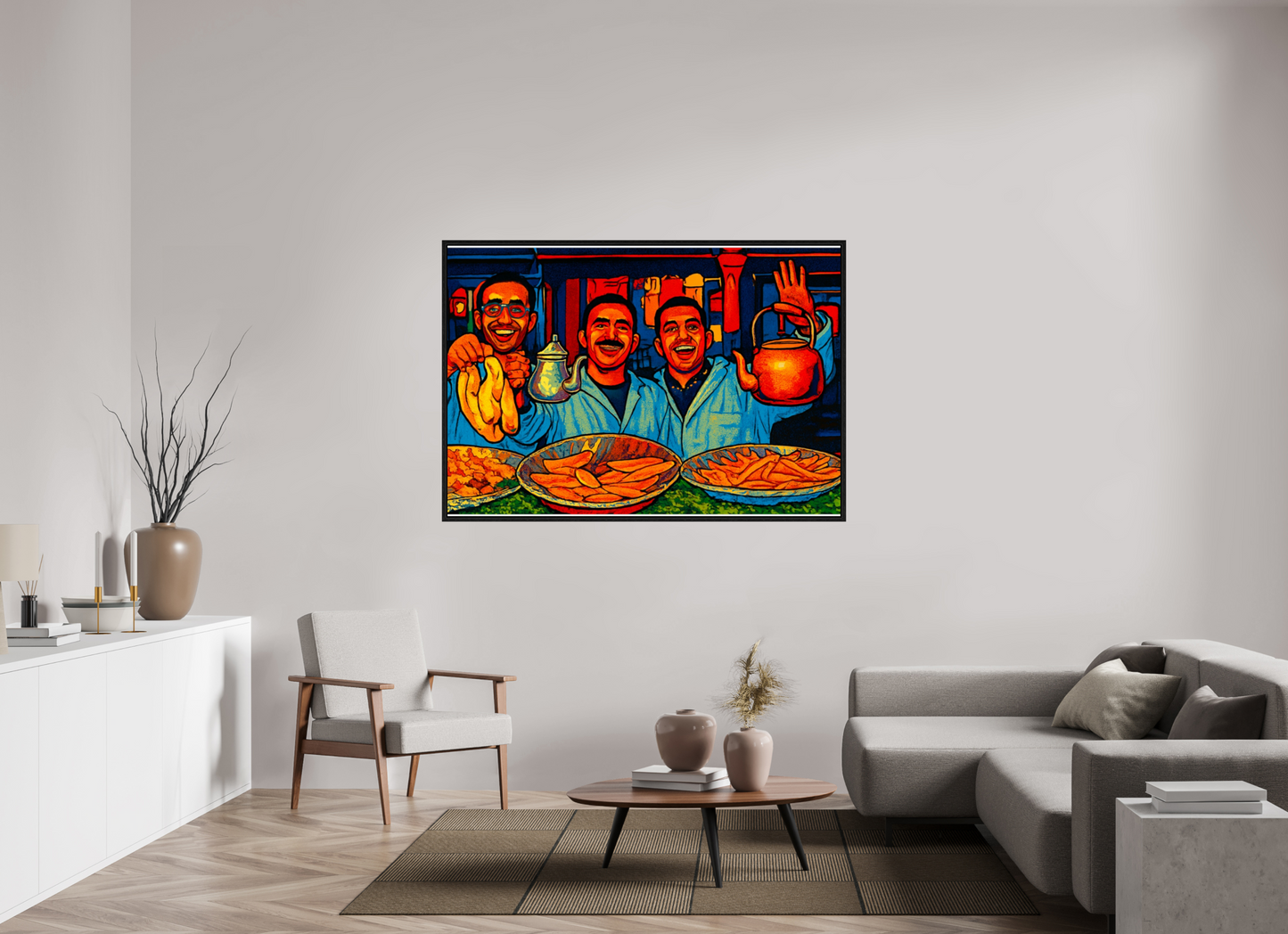 159,8 x 110 cm, Foto Print on Acrylic glass; Oak Wood Frame Basel 15 mm Oriental Food with Good Mood - Pop Art Design, Vol.3- Photo Art Print under Acrylic Glass