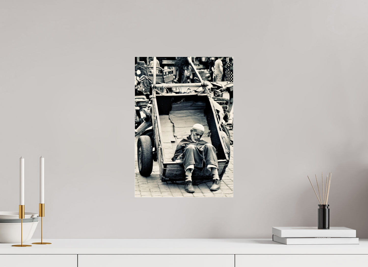 30 x 42,8 cm, Photo Print Under Acrylic Glass Time for a Break - Souks of Marrakech-Morocco; by J. Schleenbecker; Collection Colors of Marrakech; Copyright 2025. Fine Art Photo Print under Acrylic glass; Art Box Aluminium Frame 50 mm.