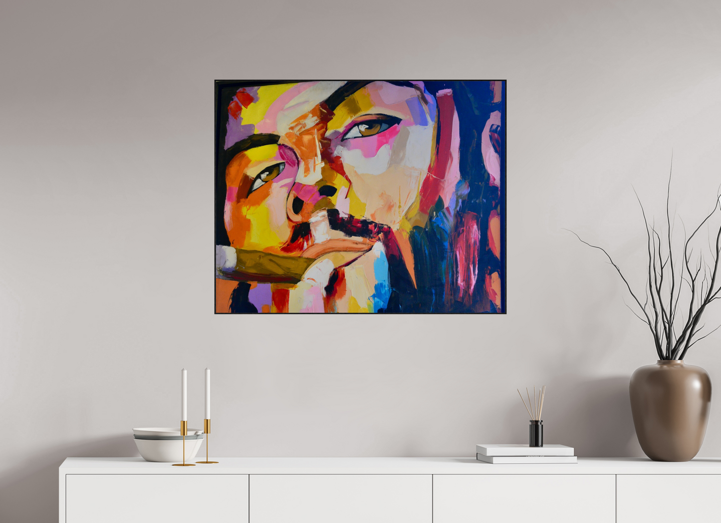 87,4 x 70 cm, Foto-Abzug hinter Acrylglas glänzend - ArtBox aus Massivholz 4 mm, Eiche schwarz Cool Boy with Cigar - Pop Art Painting - Fine Art Print on Acrylic Glass, Oak Wood Frame