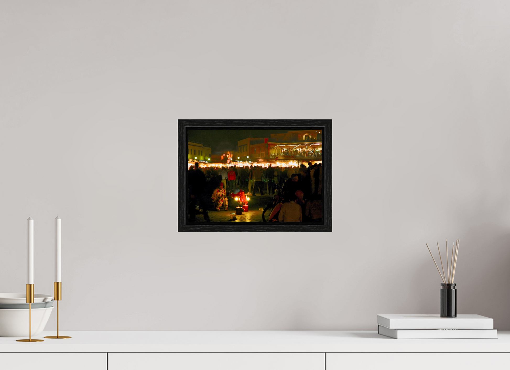 29 x 20 cm, Foto Print on Acrylic glass; Oak Wood Frame Basel 15 mm Clown on Djeema El Fna Square-Marrakech Medina; Photo Art Print on Acrylic Glass; Art Box 50 mm Aluminium Frame