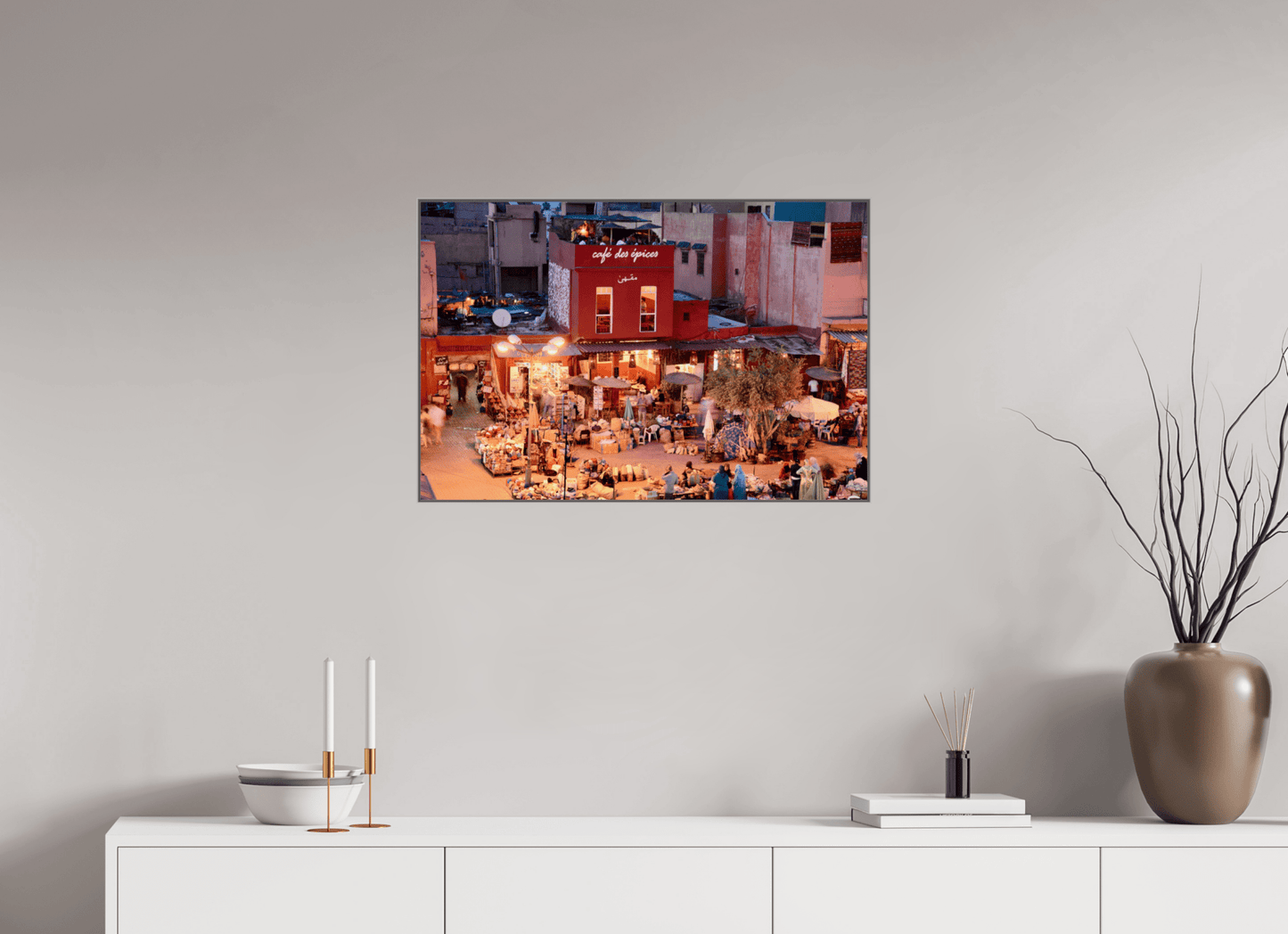 Place des Epices Marrakech at Night, Fine Art Photo Print under Acrylic glass; Art Box Frame Aluminium 50 mm - Colors of Marrakech - Photo Art Gallery