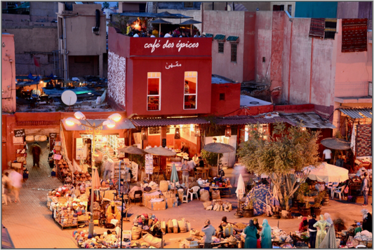 Place des Epices Marrakech at Night, Fine Art Photo Print under Acrylic glass; Art Box Frame Aluminium 50 mm - Colors of Marrakech - Photo Art Gallery
