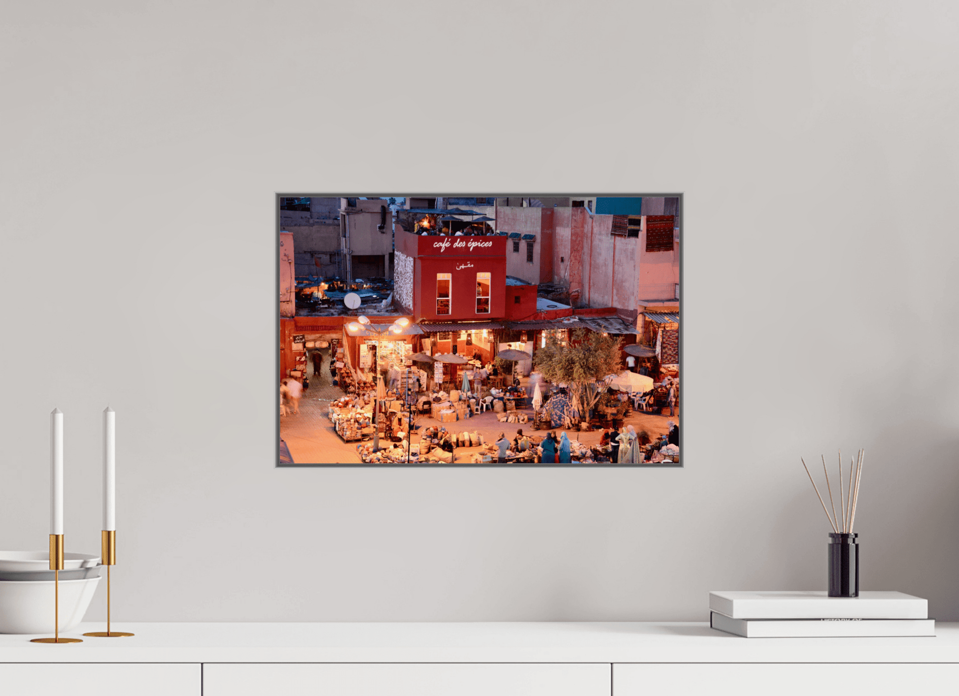 Place des Epices Marrakech at Night, Fine Art Photo Print under Acrylic glass; Art Box Frame Aluminium 50 mm - Colors of Marrakech - Photo Art Gallery